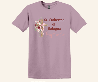 St. Catherine of Bologna Floral Cross T-Shirt, Pray For Us Catholic Tee