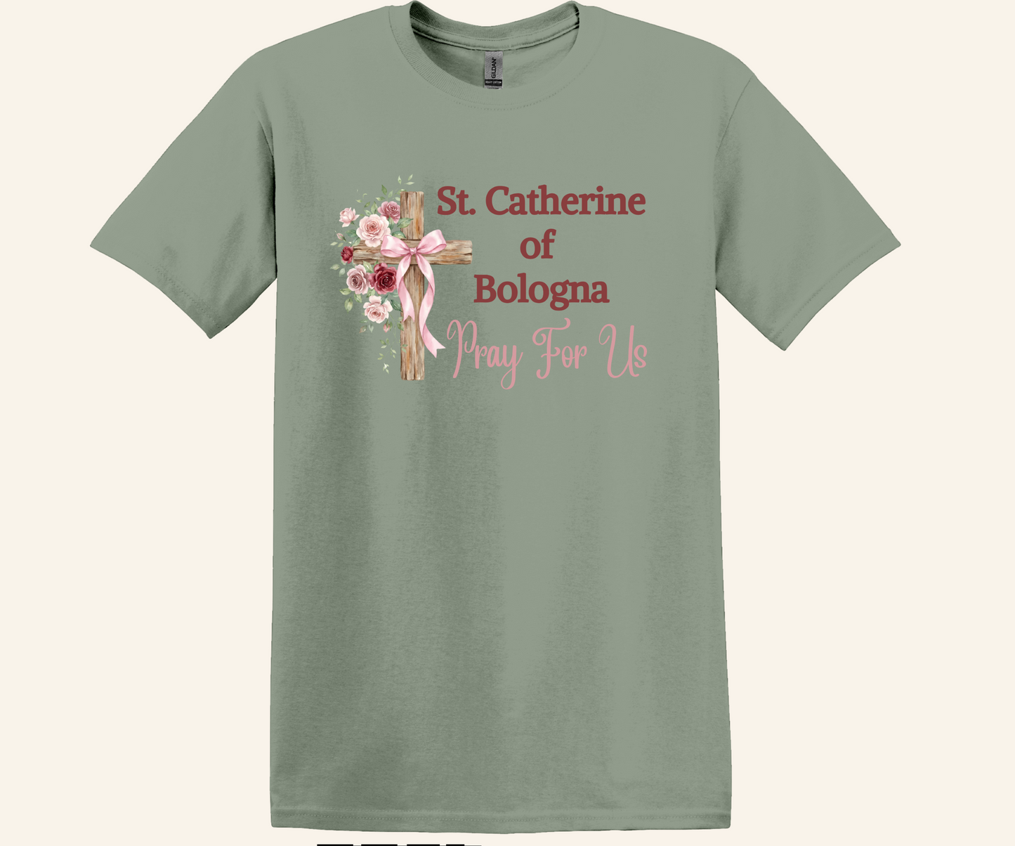 St. Catherine of Bologna Floral Cross T-Shirt, Pray For Us Catholic Tee
