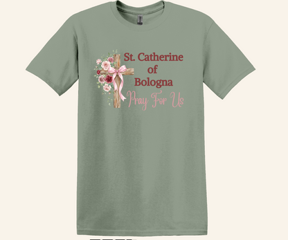 St. Catherine of Bologna Floral Cross T-Shirt, Pray For Us Catholic Tee