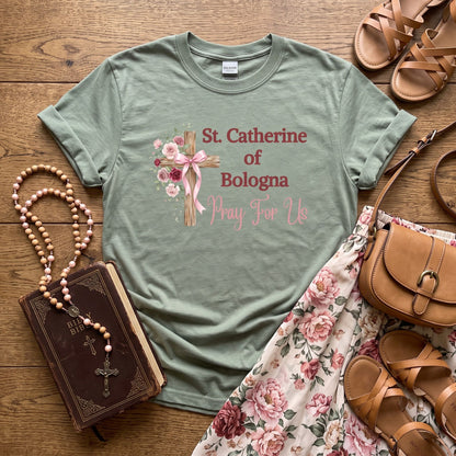 St. Catherine of Bologna Floral Cross T-Shirt, Pray For Us Catholic Tee