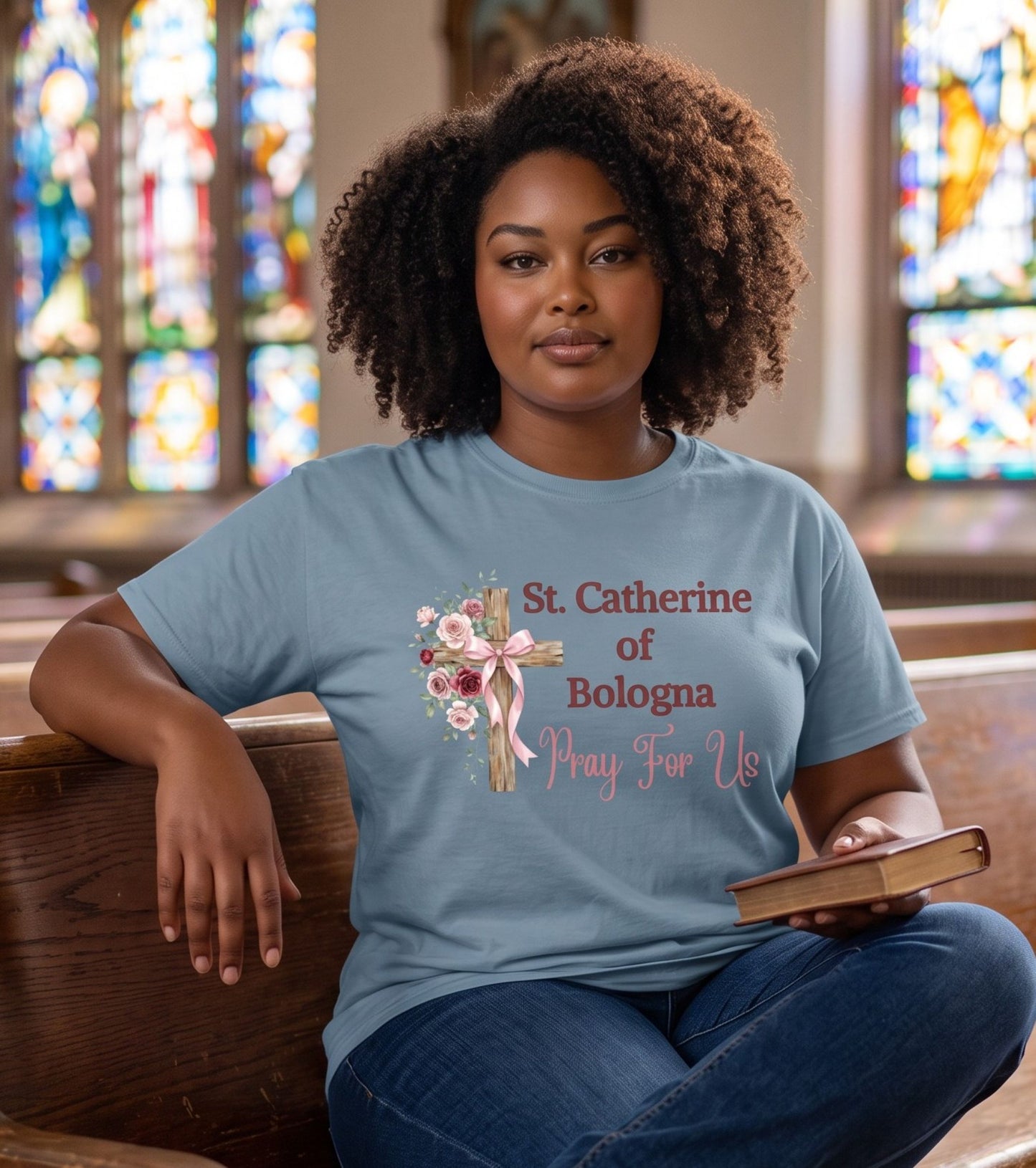 St. Catherine of Bologna Floral Cross T-Shirt, Pray For Us Catholic Tee