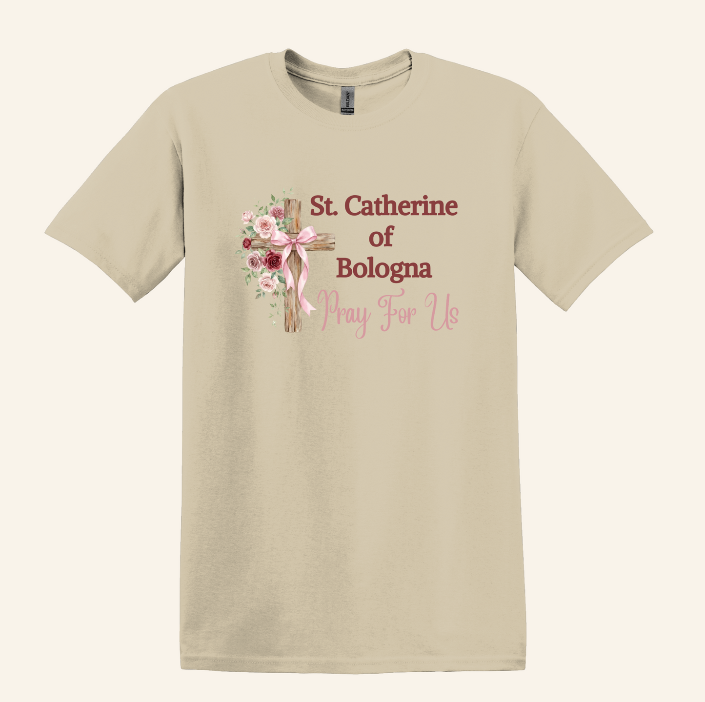 St. Catherine of Bologna Floral Cross T-Shirt, Pray For Us Catholic Tee