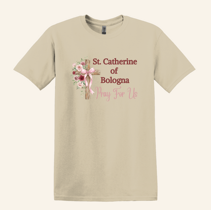 St. Catherine of Bologna Floral Cross T-Shirt, Pray For Us Catholic Tee