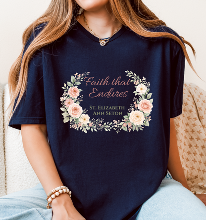 St. Elizabeth Ann Seton Floral Tee, Catholic Faith Endures Unisex Shirt