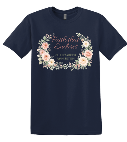 St. Elizabeth Ann Seton Floral Tee, Catholic Faith Endures Unisex Shirt