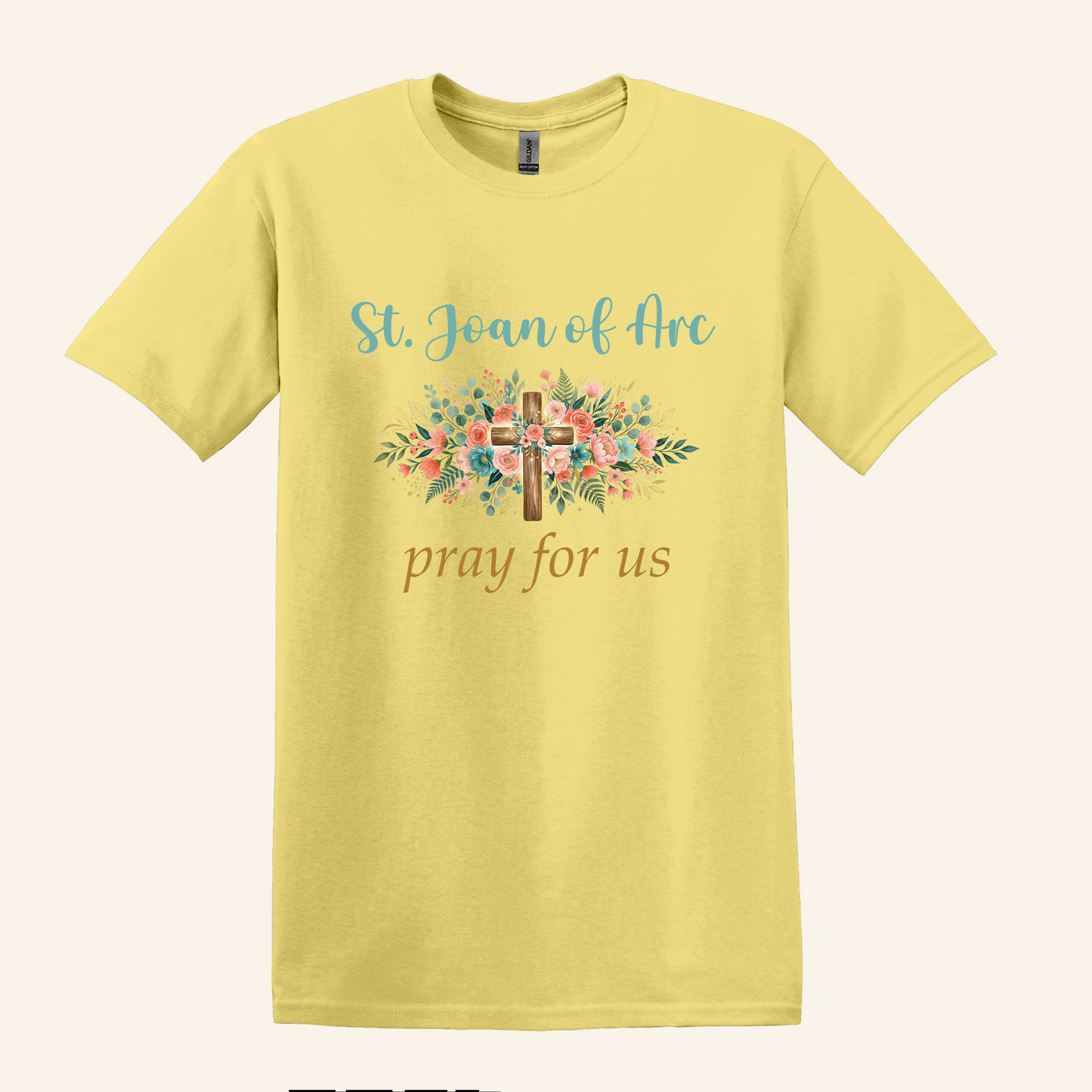 St. Joan of Arc Floral Cross Tee, Catholic Devotional Unisex Crewneck