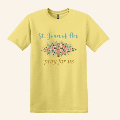 St. Joan of Arc Floral Cross Tee, Catholic Devotional Unisex Crewneck