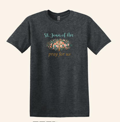 St. Joan of Arc Floral Cross Tee, Catholic Devotional Unisex Crewneck