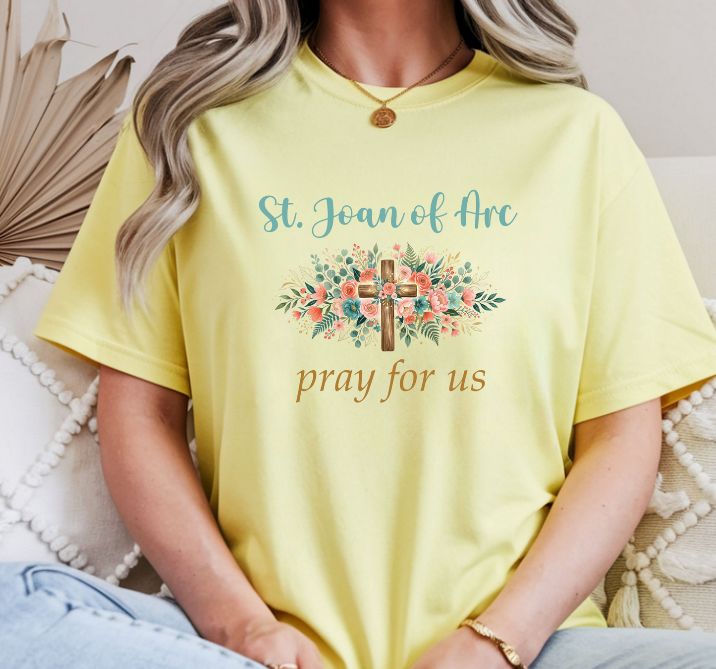St. Joan of Arc Floral Cross Tee, Catholic Devotional Unisex Crewneck