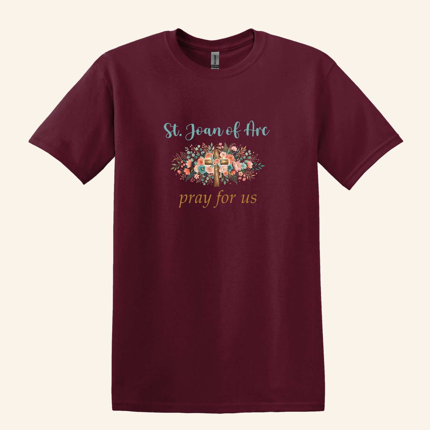 St. Joan of Arc Floral Cross Tee, Catholic Devotional Unisex Crewneck