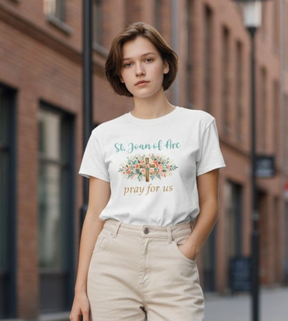 St. Joan of Arc Floral Cross Tee, Catholic Devotional Unisex Crewneck