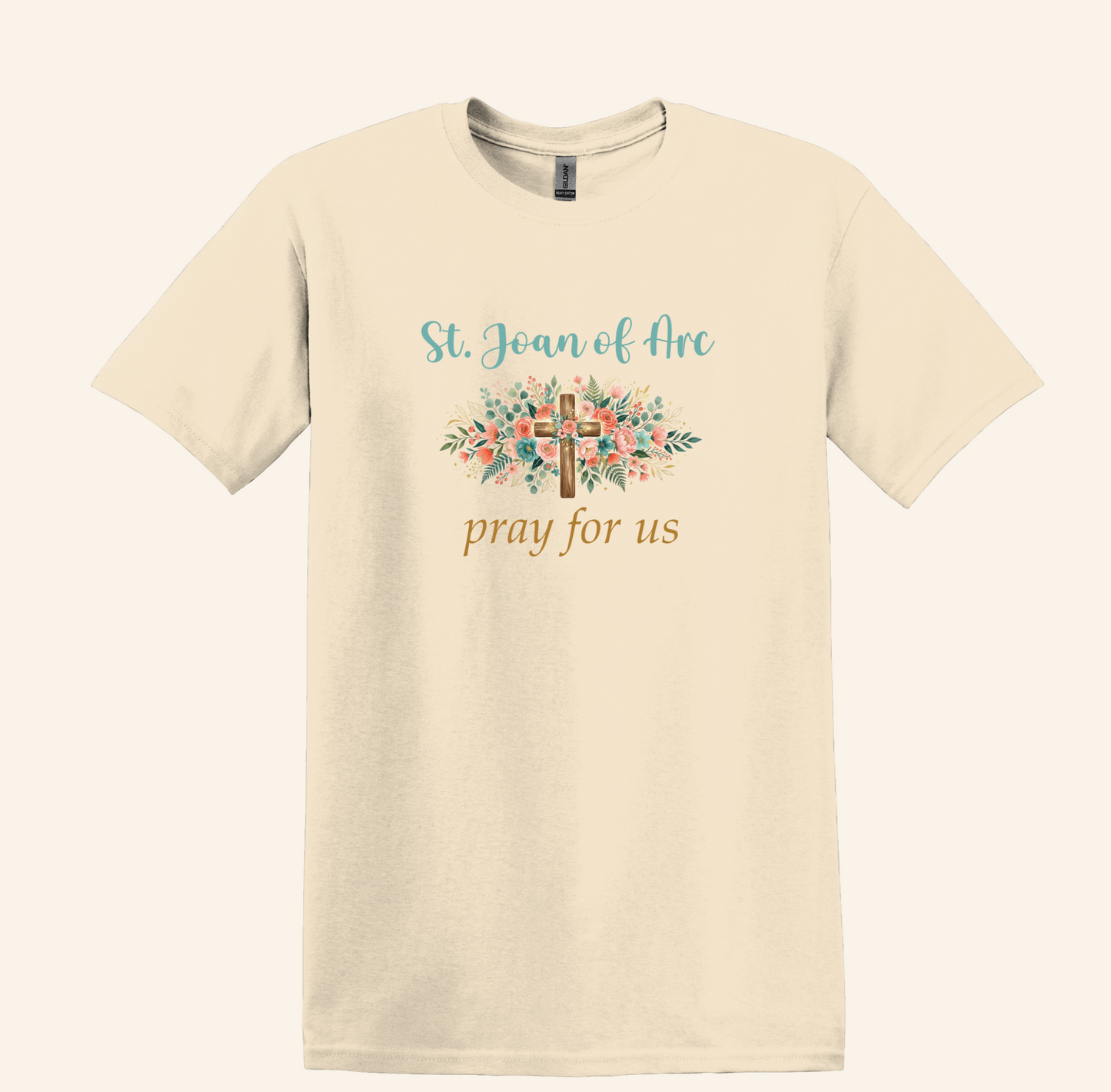 St. Joan of Arc Floral Cross Tee, Catholic Devotional Unisex Crewneck