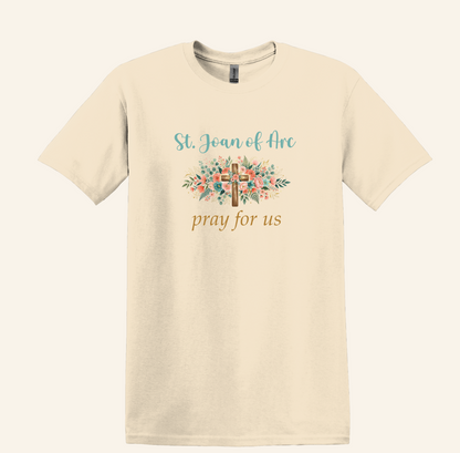 St. Joan of Arc Floral Cross Tee, Catholic Devotional Unisex Crewneck