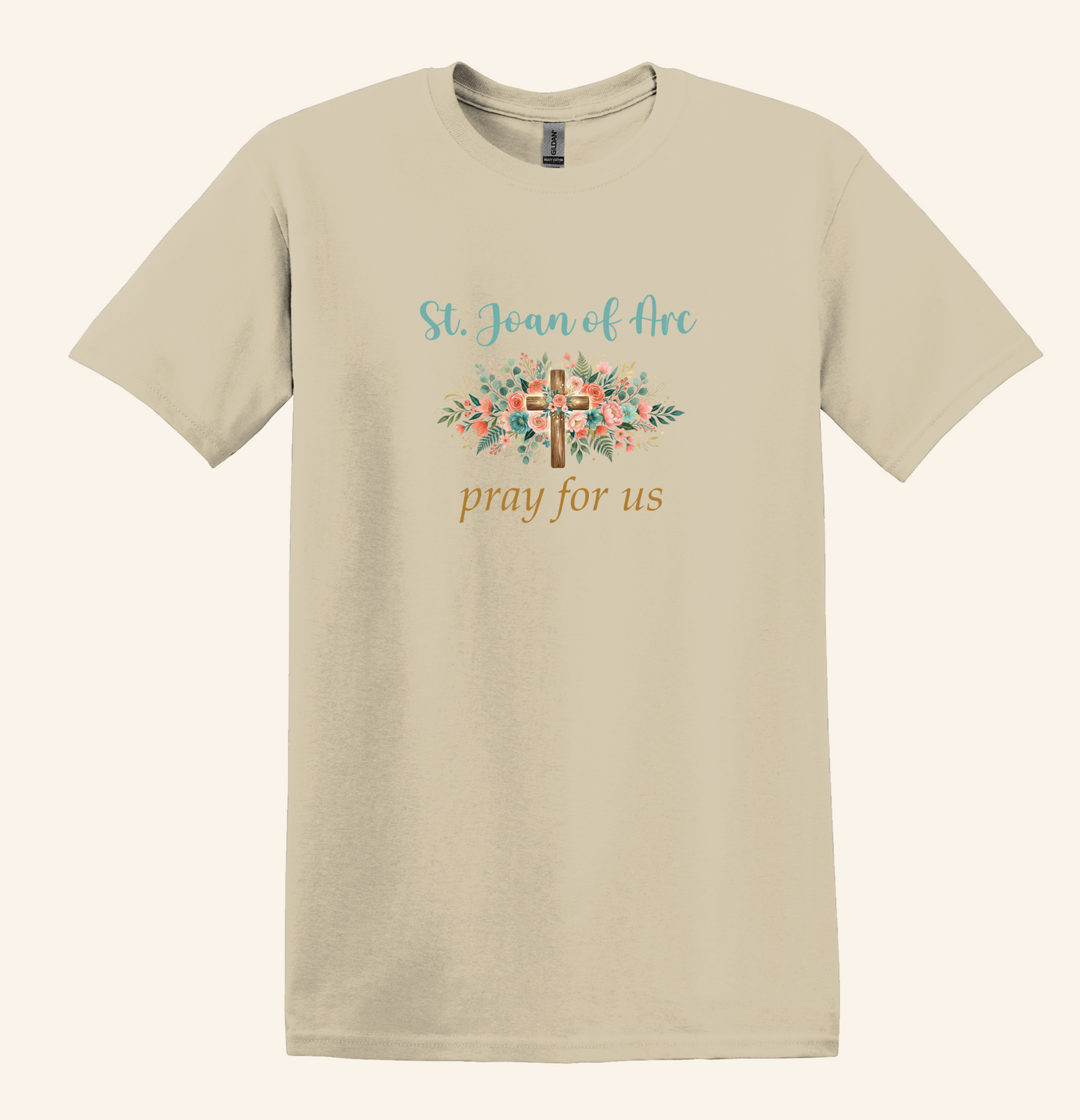St. Joan of Arc Floral Cross Tee, Catholic Devotional Unisex Crewneck