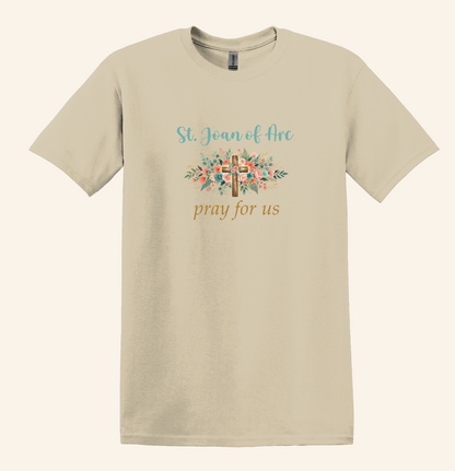 St. Joan of Arc Floral Cross Tee, Catholic Devotional Unisex Crewneck
