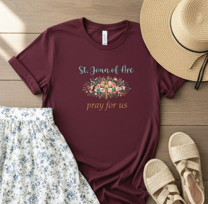 St. Joan of Arc Floral Cross Tee, Catholic Devotional Unisex Crewneck