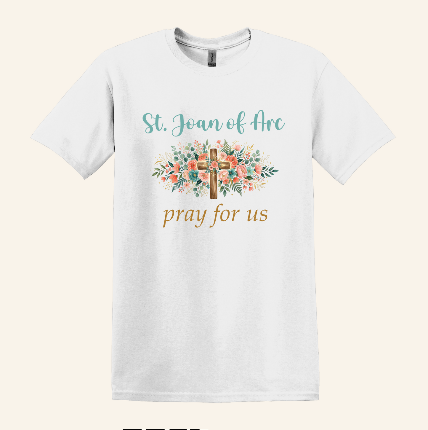 St. Joan of Arc Floral Cross Tee, Catholic Devotional Unisex Crewneck