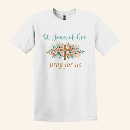 St. Joan of Arc Floral Cross Tee, Catholic Devotional Unisex Crewneck