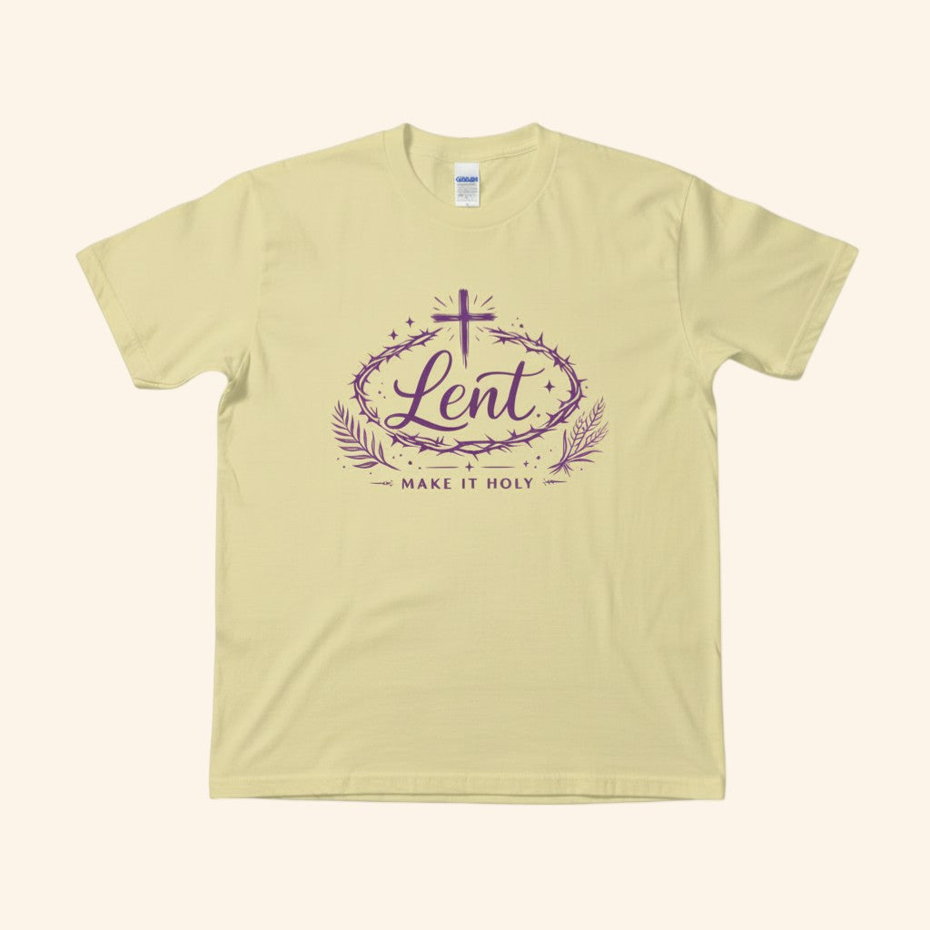 Lent Shirt “Make It Holy” Catholic Lenten Tee, Purple Cross & Crown of Thorns Graphic
