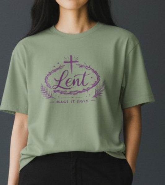 Lent Shirt “Make It Holy” Catholic Lenten Tee, Purple Cross & Crown of Thorns Graphic