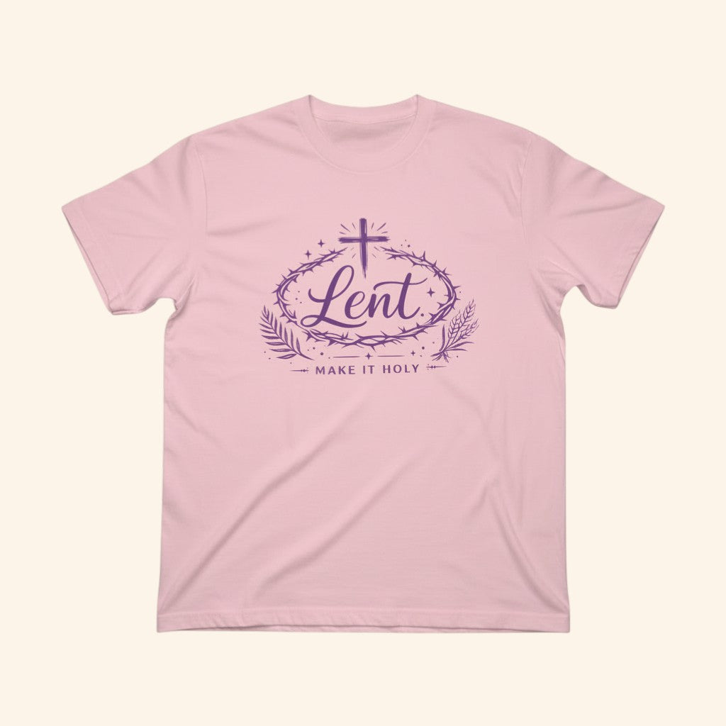 Lent Shirt “Make It Holy” Catholic Lenten Tee, Purple Cross & Crown of Thorns Graphic