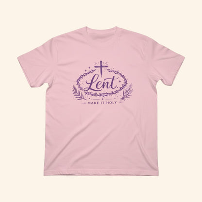 Lent Shirt “Make It Holy” Catholic Lenten Tee, Purple Cross & Crown of Thorns Graphic