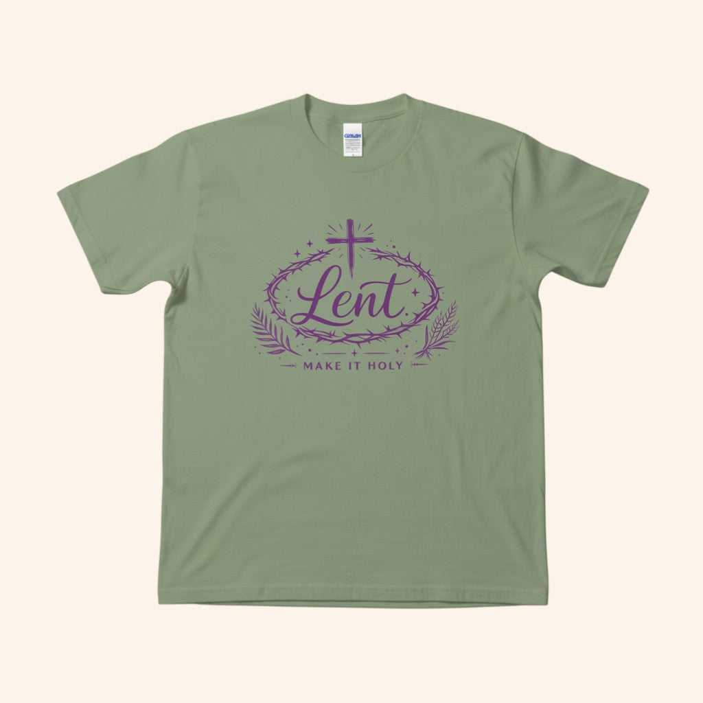 Lent Shirt “Make It Holy” Catholic Lenten Tee, Purple Cross & Crown of Thorns Graphic