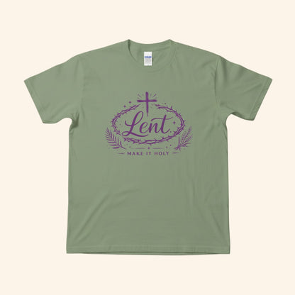 Lent Shirt “Make It Holy” Catholic Lenten Tee, Purple Cross & Crown of Thorns Graphic