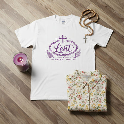 Lent Shirt “Make It Holy” Catholic Lenten Tee, Purple Cross & Crown of Thorns Graphic
