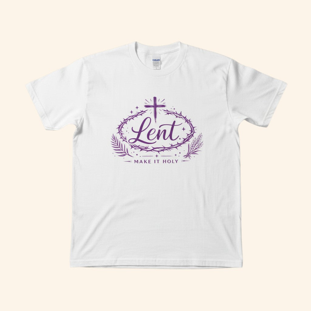 Lent Shirt “Make It Holy” Catholic Lenten Tee, Purple Cross & Crown of Thorns Graphic