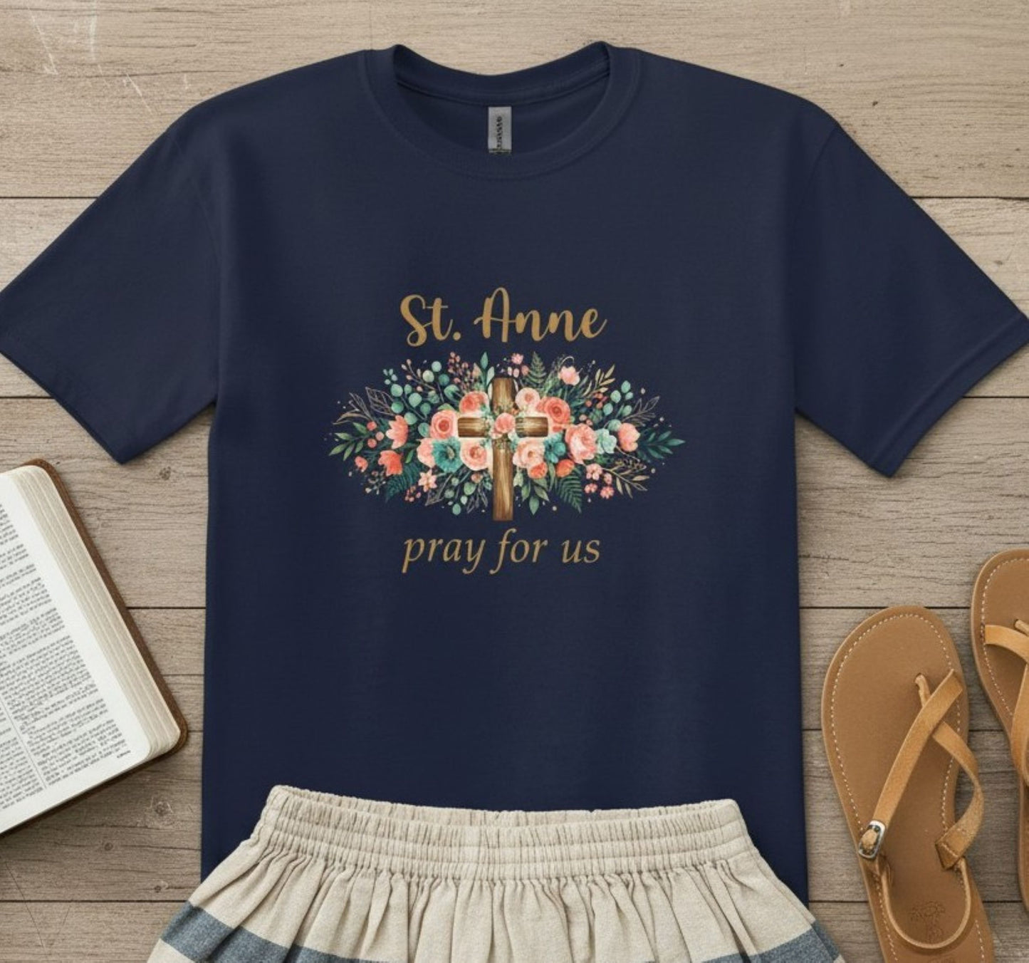 St. Anne Floral Cross Tee, Catholic Mom Faith Apparel, Unisex Cotton Blend Shirt