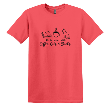 Coffee Cats Books Graphic Tee, Unisex Cotton Blend Shirt, Reader Gift
