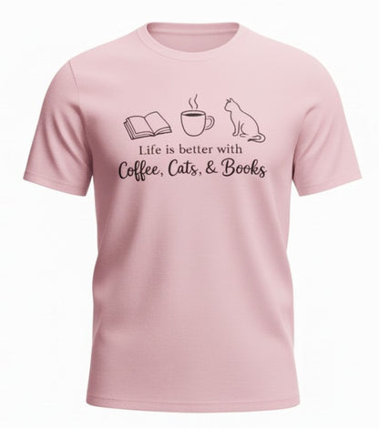 Coffee Cats Books Graphic Tee, Unisex Cotton Blend Shirt, Reader Gift
