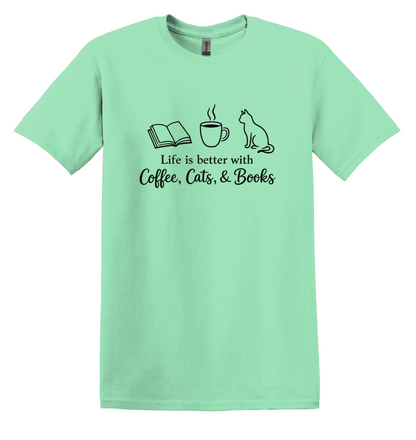 Coffee Cats Books Graphic Tee, Unisex Cotton Blend Shirt, Reader Gift