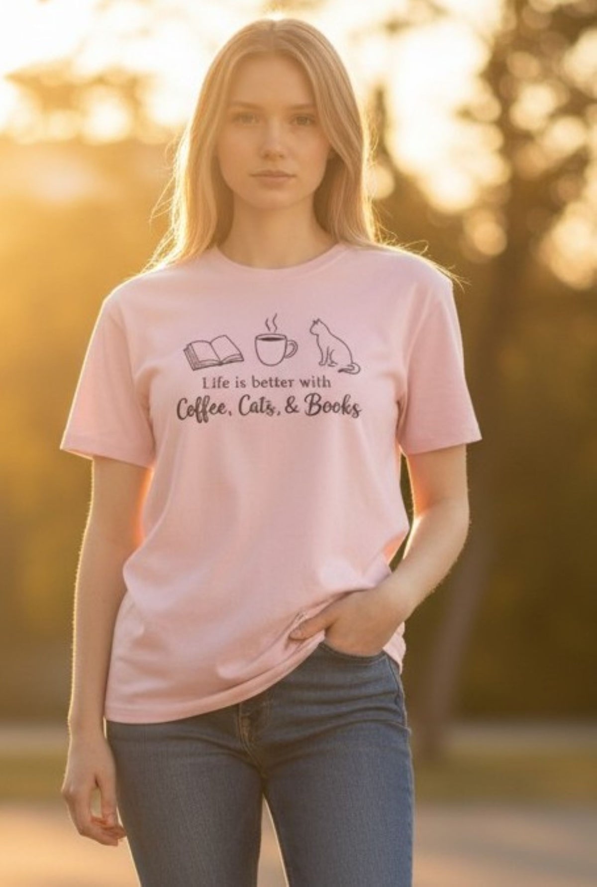 Coffee Cats Books Graphic Tee, Unisex Cotton Blend Shirt, Reader Gift