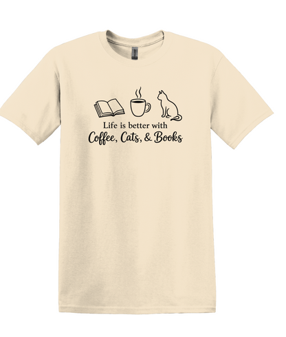 Coffee Cats Books Graphic Tee, Unisex Cotton Blend Shirt, Reader Gift