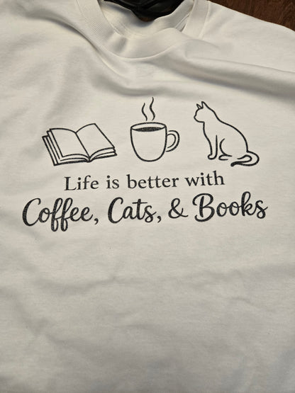 Coffee Cats Books Graphic Tee, Unisex Cotton Blend Shirt, Reader Gift