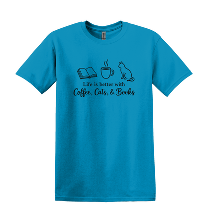 Coffee Cats Books Graphic Tee, Unisex Cotton Blend Shirt, Reader Gift