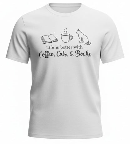 Coffee Cats Books Graphic Tee, Unisex Cotton Blend Shirt, Reader Gift