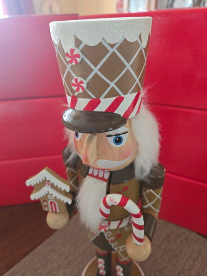 14 Inch Gingerbread Nutcracker, Candy Cane, Peppermint Accents, Christmas Decor