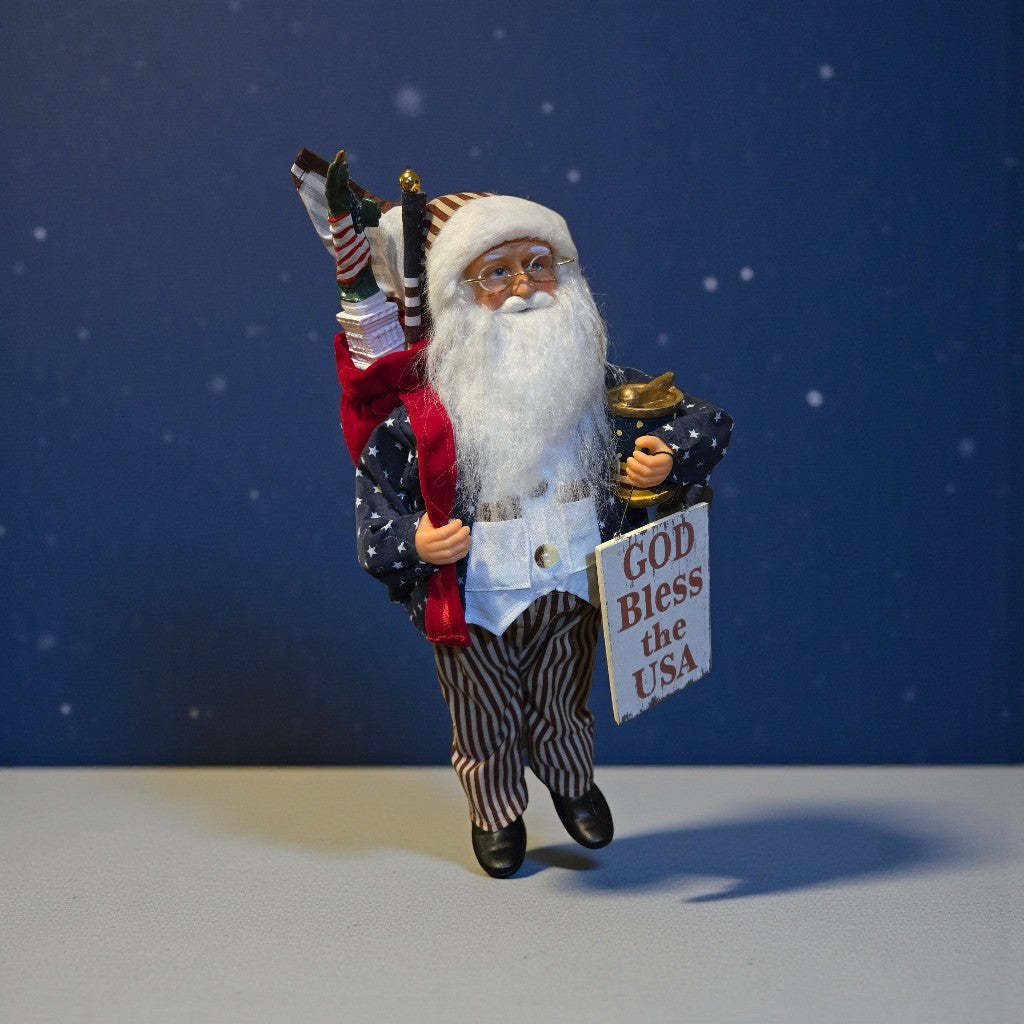 God Bless the USA Patriotic Santa Statue, 18-inch figurine, Independence Day home decor, Americana stars and stripes, mantle display