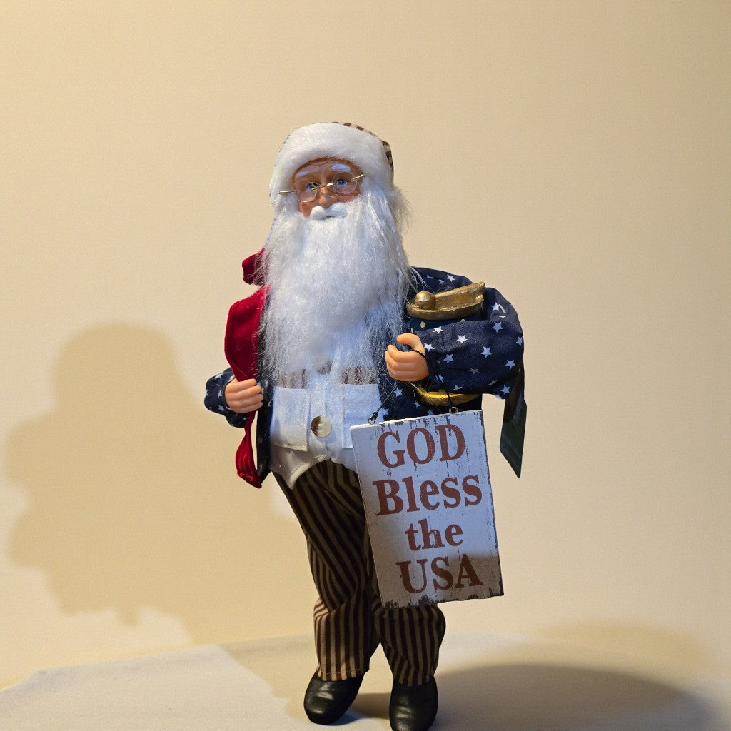 God Bless the USA Patriotic Santa Statue, 18-inch figurine, Independence Day home decor, Americana stars and stripes, mantle display