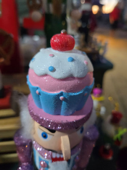 12-Inch Wooden Cupcake Nutcracker, Glittery Sweet Shop Bakery Decor