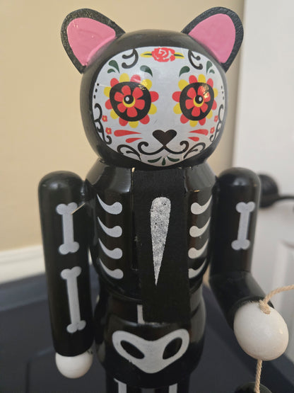 Mexican Holiday Tradition Figurine, Black Feline Calavera, Wood Nutcracker, Día de Muertos