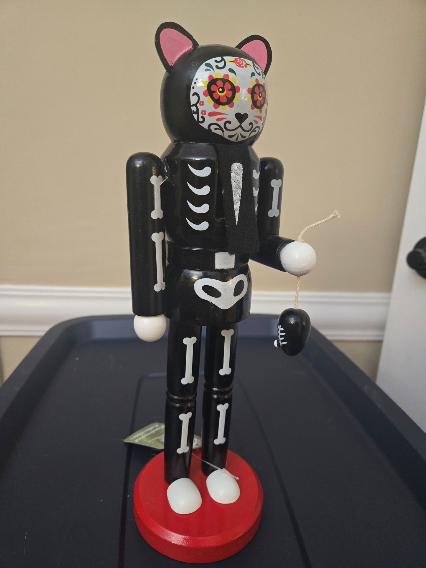 Mexican Holiday Tradition Figurine, Black Feline Calavera, Wood Nutcracker, Día de Muertos