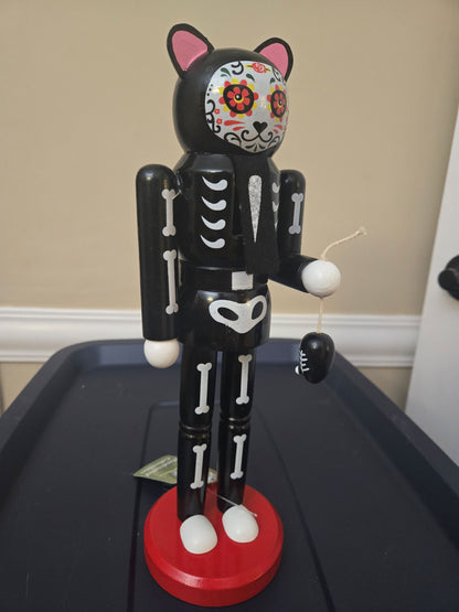 Mexican Holiday Tradition Figurine, Black Feline Calavera, Wood Nutcracker, Día de Muertos