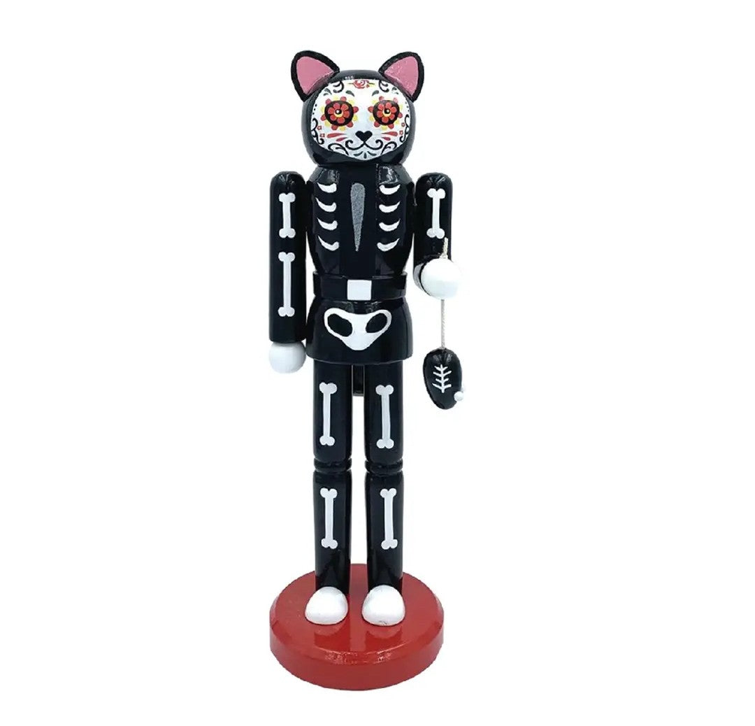 Mexican Holiday Tradition Figurine, Black Feline Calavera, Wood Nutcracker, Día de Muertos