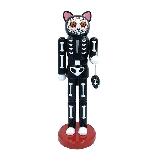 Mexican Holiday Tradition Figurine, Black Feline Calavera, Wood Nutcracker, Día de Muertos