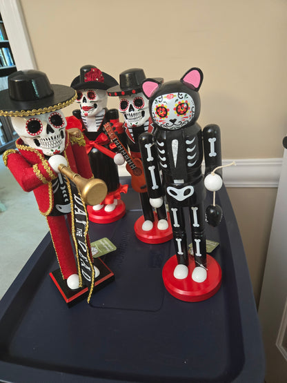 Mexican Holiday Tradition Figurine, Black Feline Calavera, Wood Nutcracker, Día de Muertos