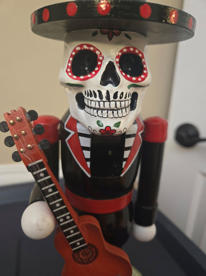 14 Inch Sugar Skull Nutcracker Display Figure, Wooden Mariachi, Painted Wooden Statue, Red Black Holiday Decoration